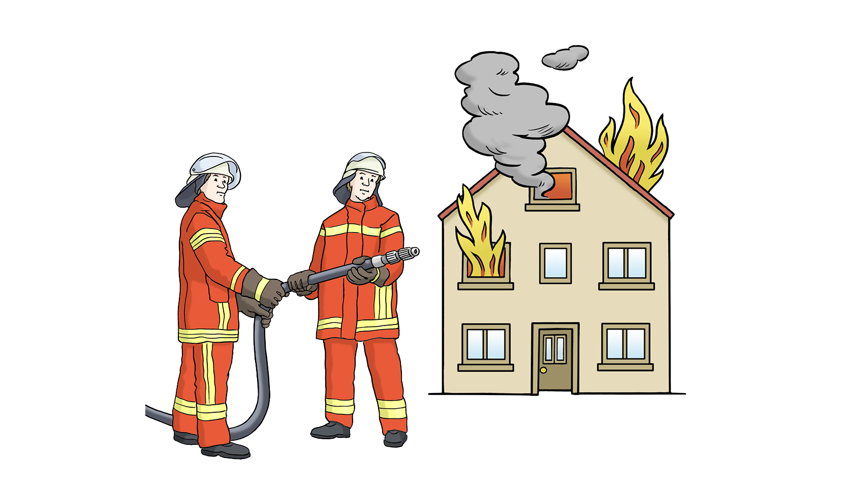 Illustration von zwei Feuerwehrleuten vor einem brennenden Haus.