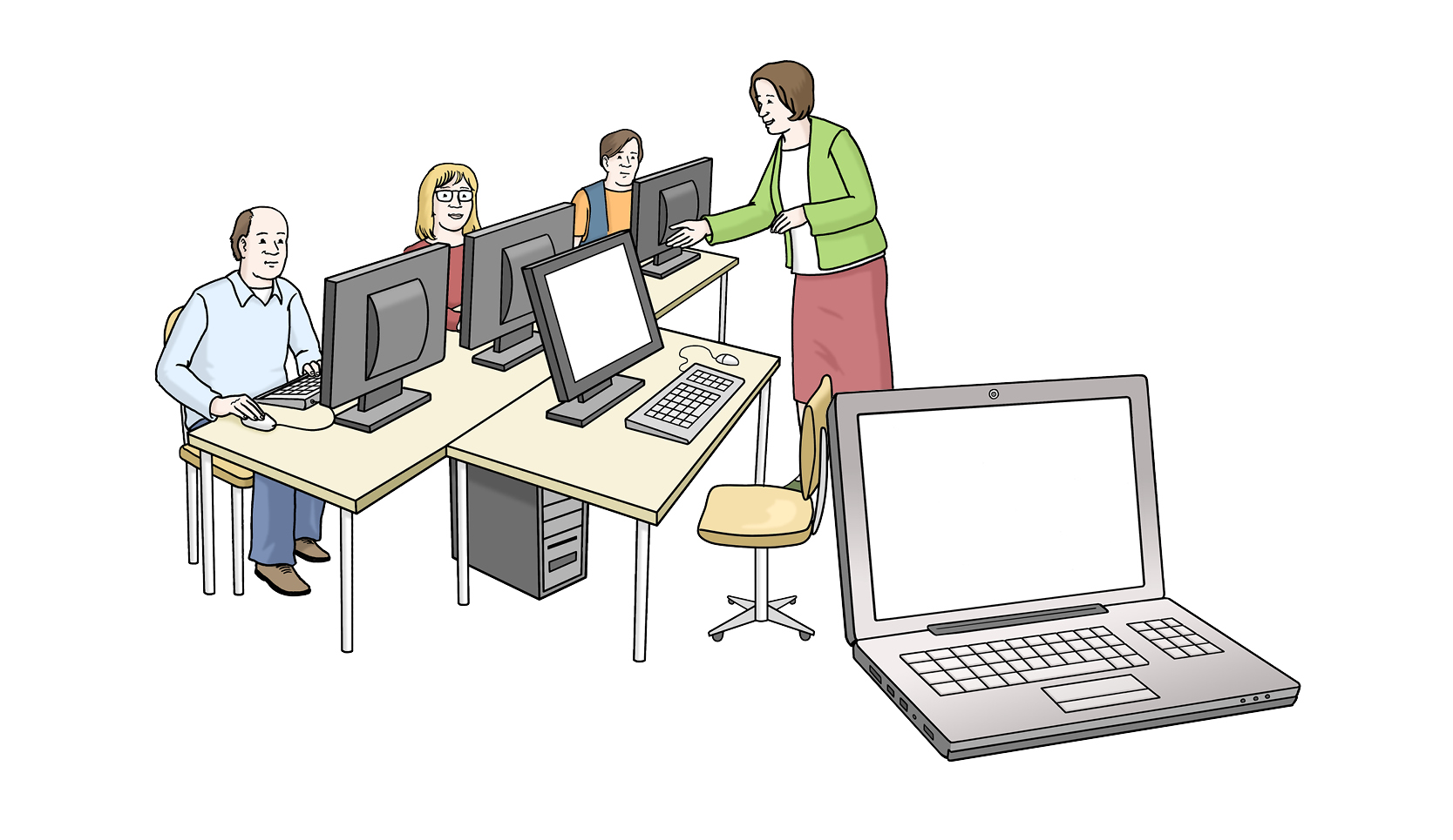 Illustration von Personen vor PCs und einem Laptop.