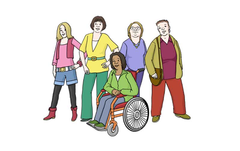 Illustration von einer Gruppe Menschen mit und ohne Behinderung