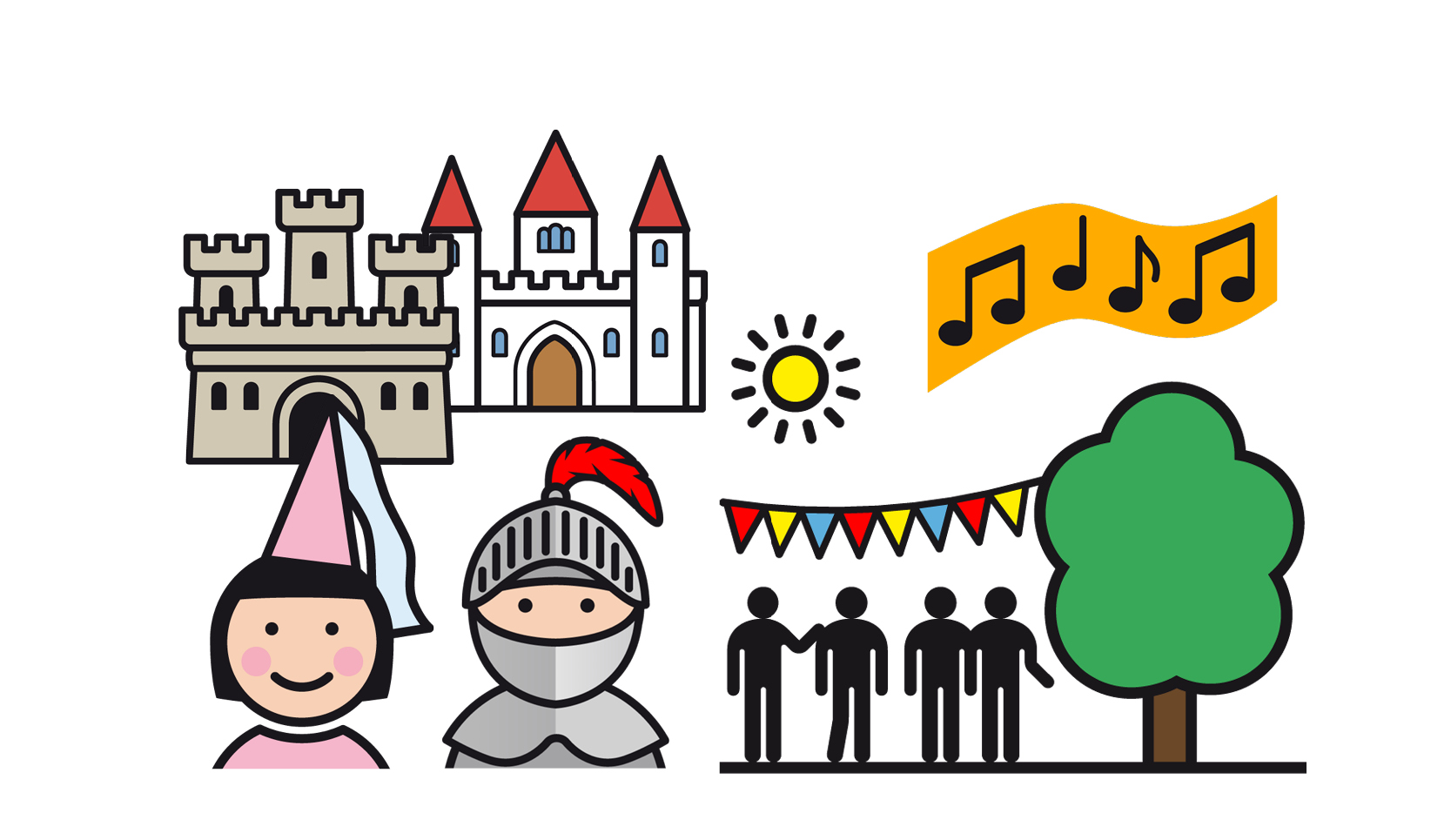 Illustration von einem Schloss, einer Ritterburg, einem Burgfräulein, einem Ritter, und Menschen bei einem Fest, Musiknoten.