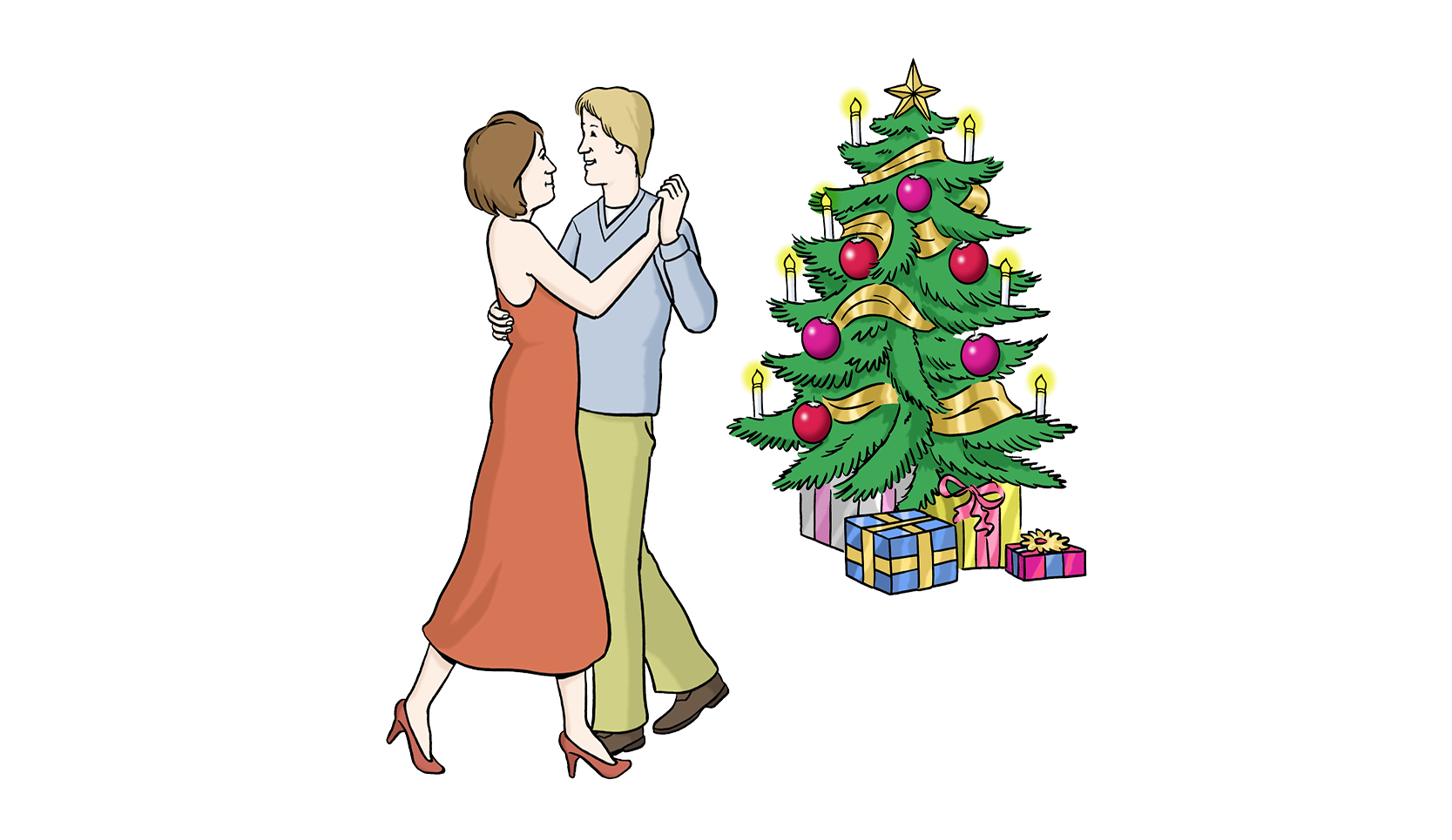 Illustration von einer Freu und einem Mann, die vor einem Weihnachtsbaum tanzen.